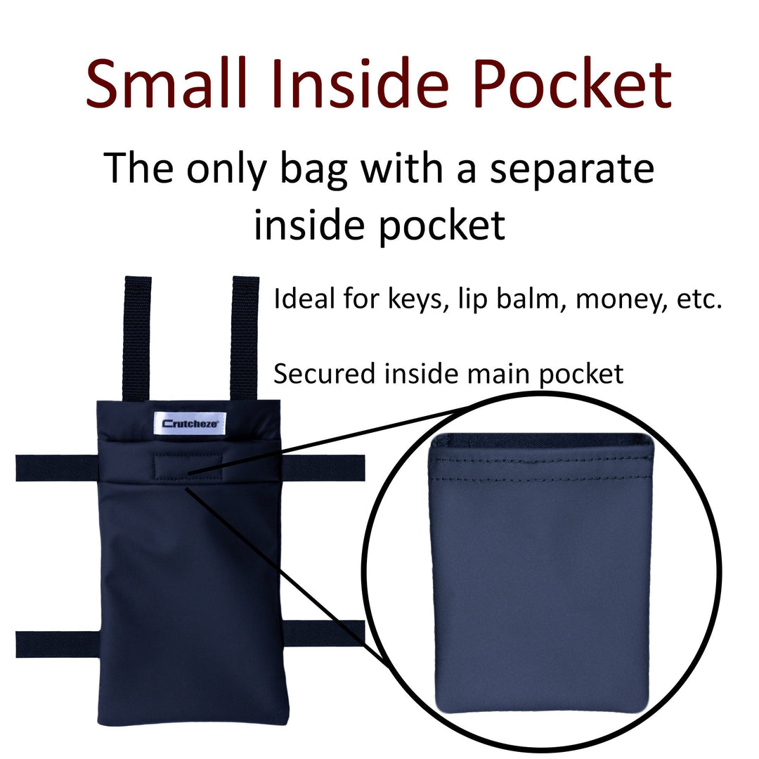 Crutch bag with storage for phone, keys, and essentials