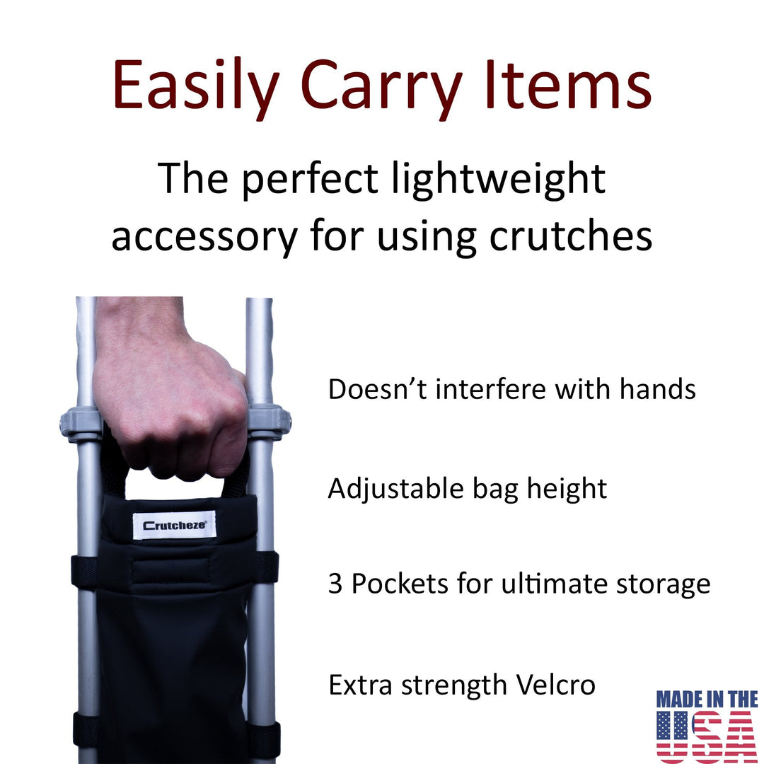 Crutcheze crutch bag with multiple pockets attached to crutch