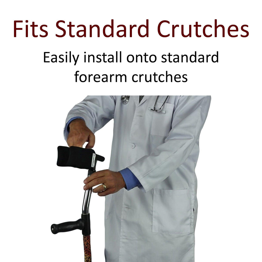 Crutcheze padded covers on forearm crutch cuffs