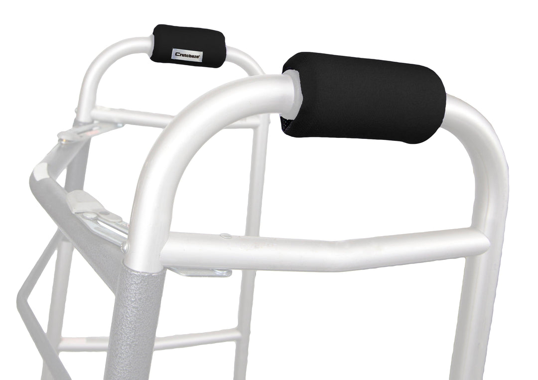 Crutcheze walker grip pads on 2-wheeled walker